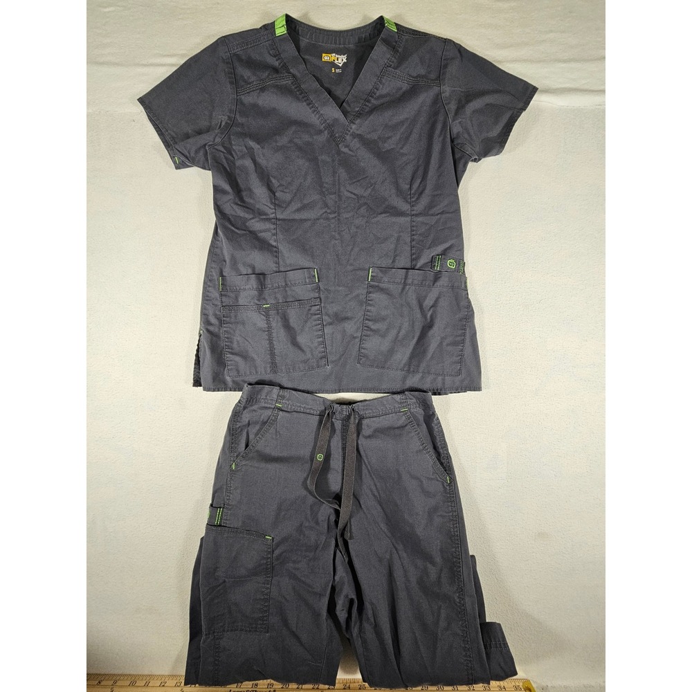 Wink WonderFlex Scrub Set Small Gray Green V-Neck Top Cargo Pants 6108